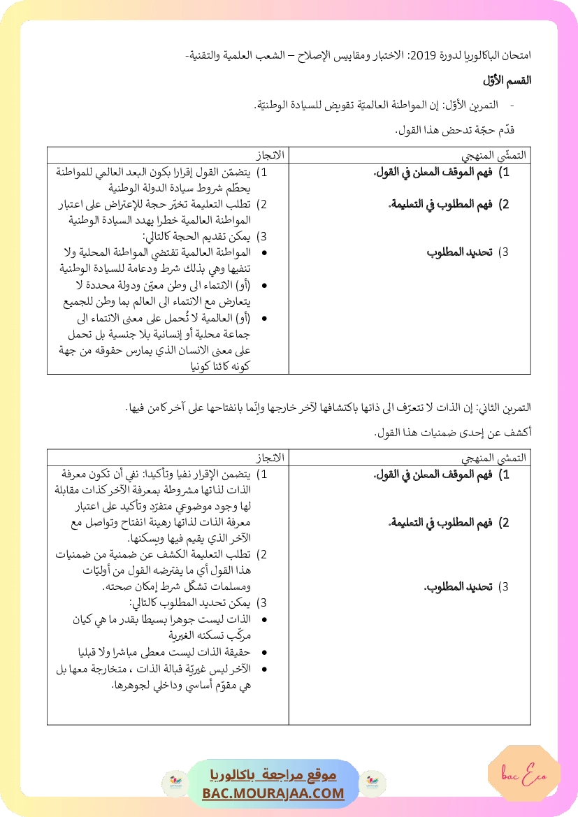 Corrigé principale philo Bac 2019 – Section eco
